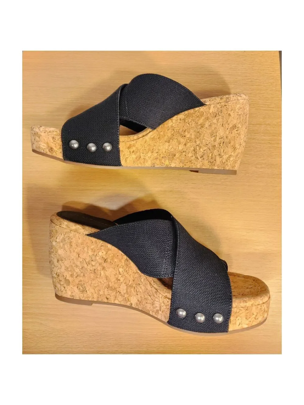 Lucky Brand Studded Criss-cross Cork Platform Wedge Slip On Sandals - 10 M BLACK
